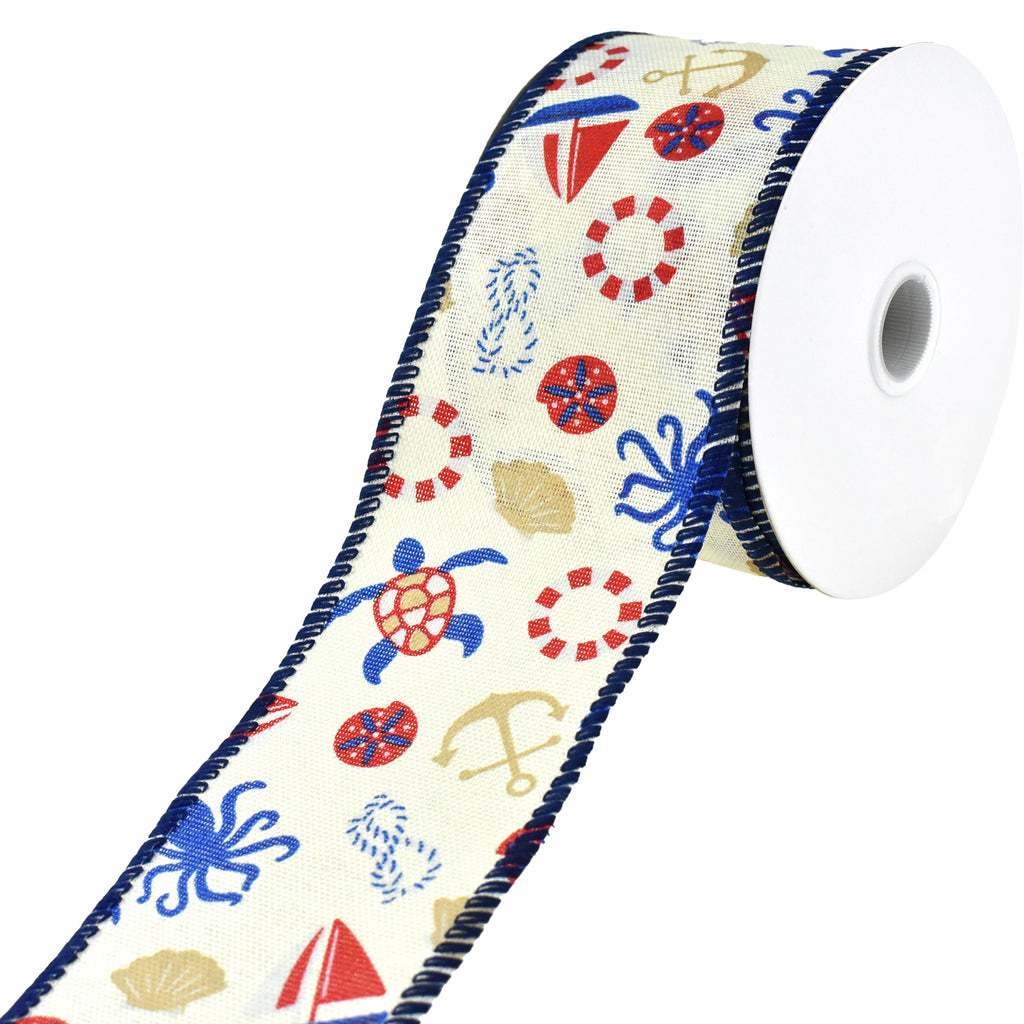 Nautical Seaside Icons Faux Linen Wired Ribbon, 21/2Inch, 10Yard