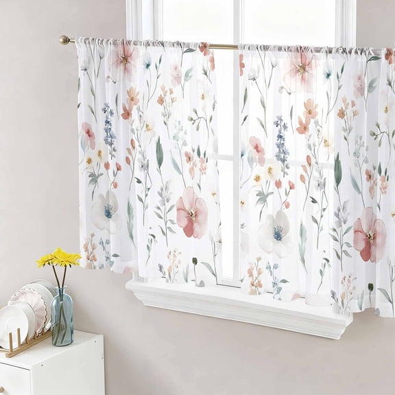 Sheer Curtain Panels Watercolor Flowers Rod Pocket Voile Window Curtains Spring Flowers Window Treatments Ligh Filtering Privacy Curtain Drapes for Bedroom Living Room 2 Panel Set 45 Inch Length