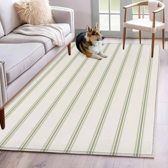 Sage Green Striped Area Rug 3x5 Washable Rug Non Slip Rustic Green Stripe Modern Art Beige Large Area Rug Indoor Floor Carpet for Entryway Bedroom Kitchen Living Room Home Office Dining Room Nursery
