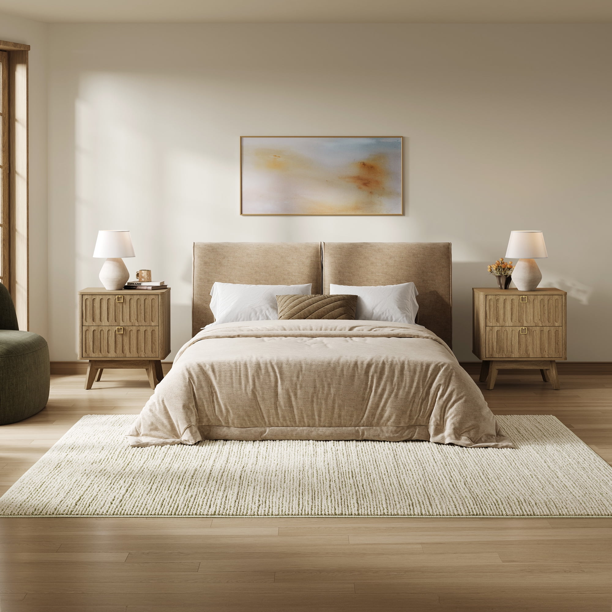 SICOTAS 21.02" Wide 2-Drawer Nightstands Set of 2,Nordic Modern Bedside Table with Large Drawers & Elegant Gold Square Handle for Bedroom, Living Room, Entryway -Brown Oak