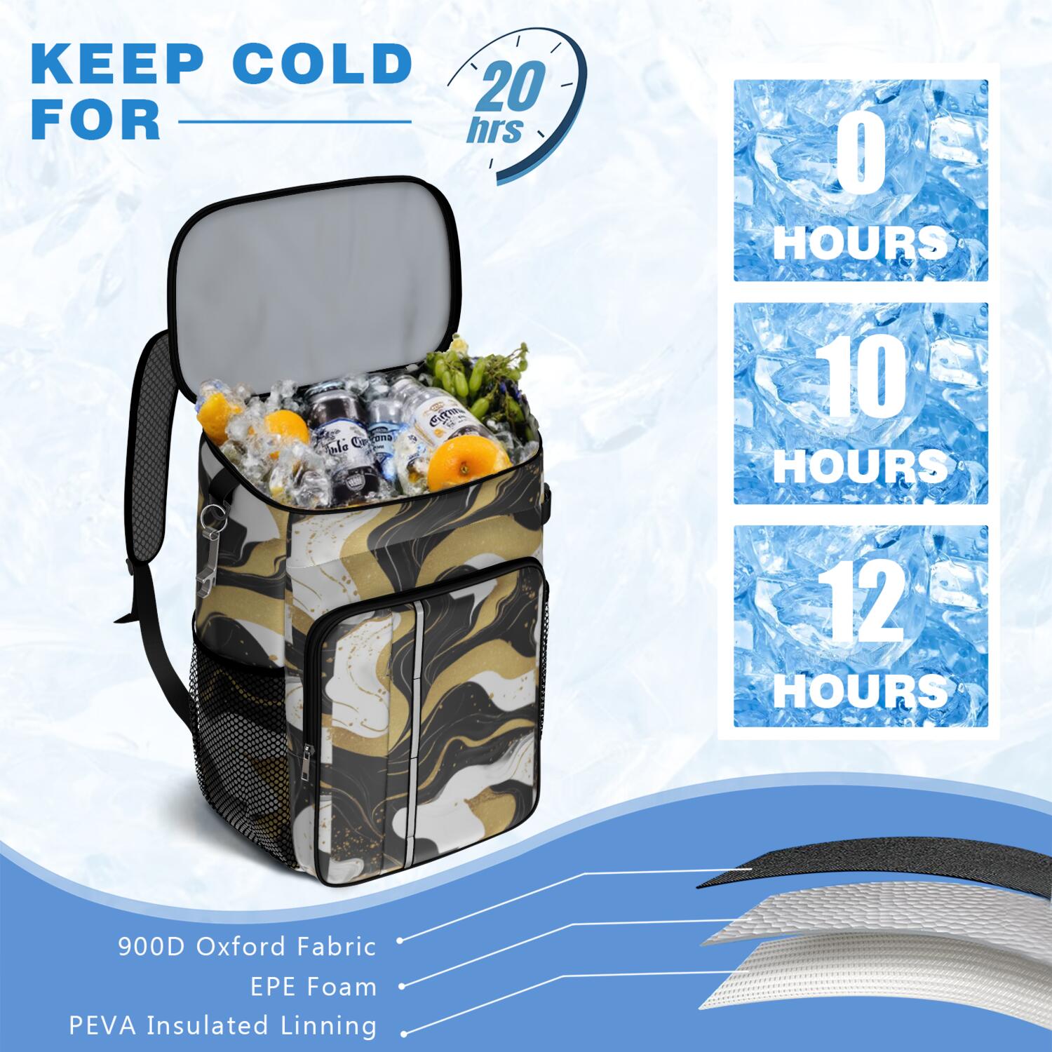 Travel Cooler Bag - Black White and Gold Marble Camping Beer Cooler Backpack with Bottle Opener- Waterproof Insulated Picnic Backpacks - Cooler Bag for Beach