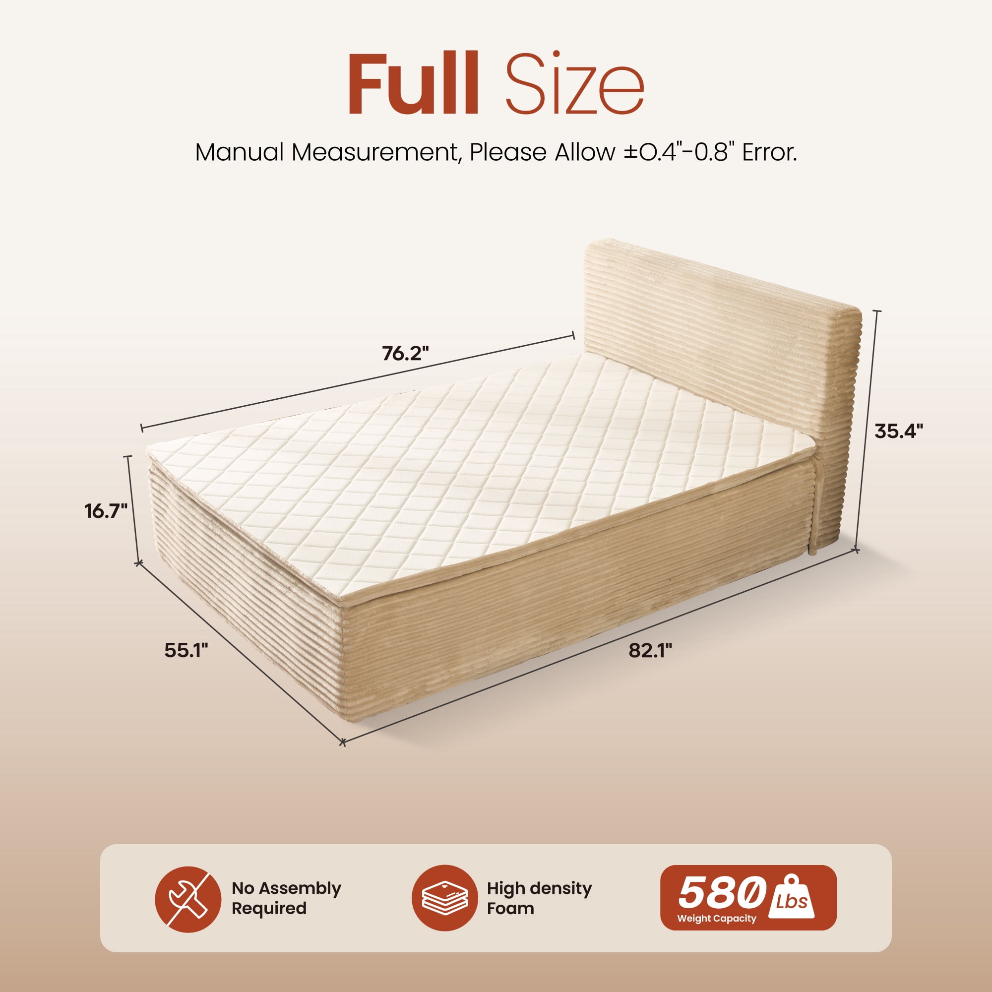 Ovios Full Size All-in-One Floor Bed in a Box, 16.7" Upholstered Compressed Foam Mattress with Headboard, No Assembly Required, Beige