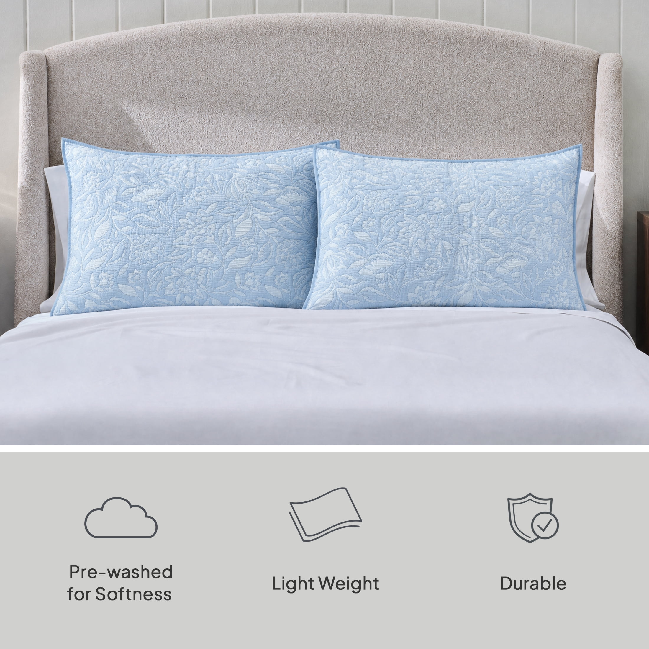 Better Homes & Gardens Floral Matelassé Pillow Shams, Standard, Blue, 2 Pack