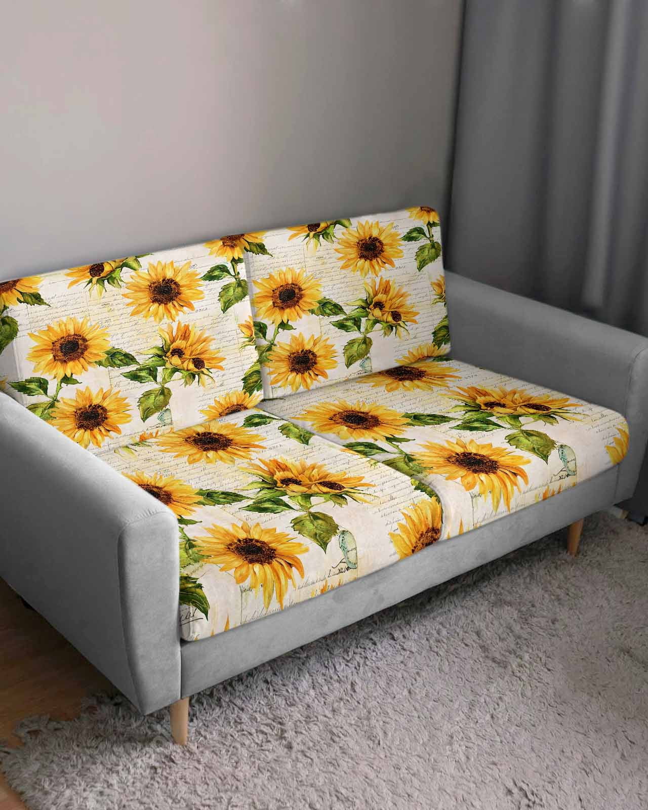 Retro Sunflower Couch Cushion Covers, Stretch Seat Cushion Covers for Sectional Sofa, Watercolor Letter Flowers Individual Sofa&nbsp;Slipcovers Furniture Protector with Elastic&Straps Small 1Pcs
