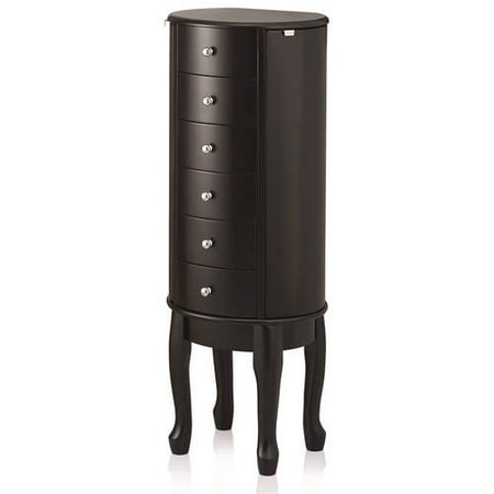 Round Jewelry Armoire With Beige Lining, Mirror and Swing-Out Doors, Black