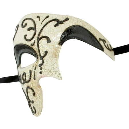 Men's Phantom Black Off White Cream Large Mardi Gras Masquerade Elegance Mask