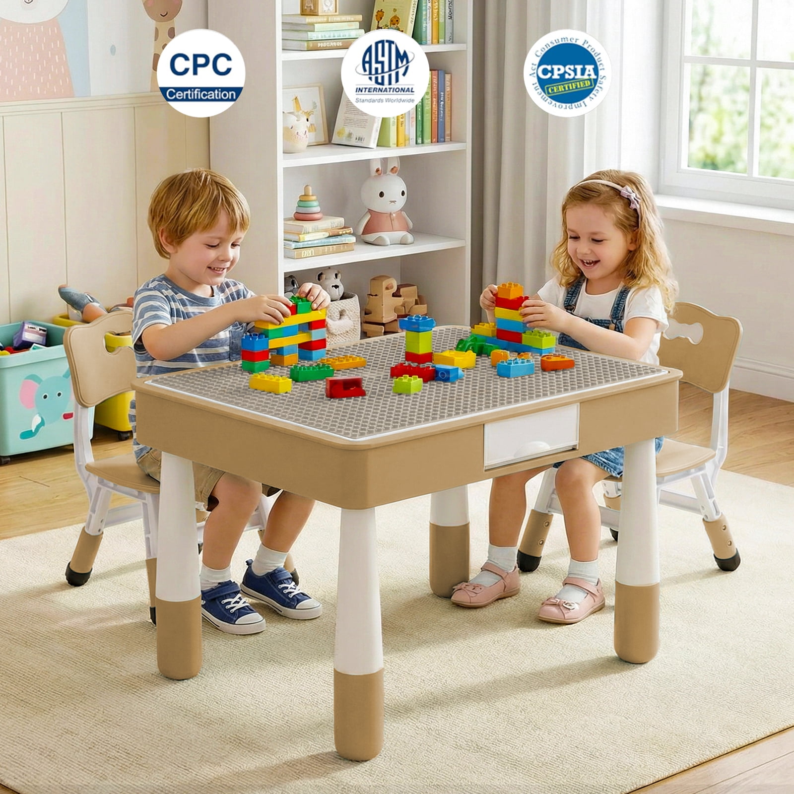 Arlopu 4 in 1 Kids Table and 2 Chairs Set with 2 Drawers, Toddler Table and Chair Set for Ages 3-10, Graffiti & Building Blocks Double-Sided Tabletop, Height Adjustable