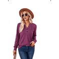 thumbnail image 3 of Women's Solid Color V-Neck Button Down Long Sleeve T-Shirt - Classic Casual Stretch Basic Top, 3 of 9