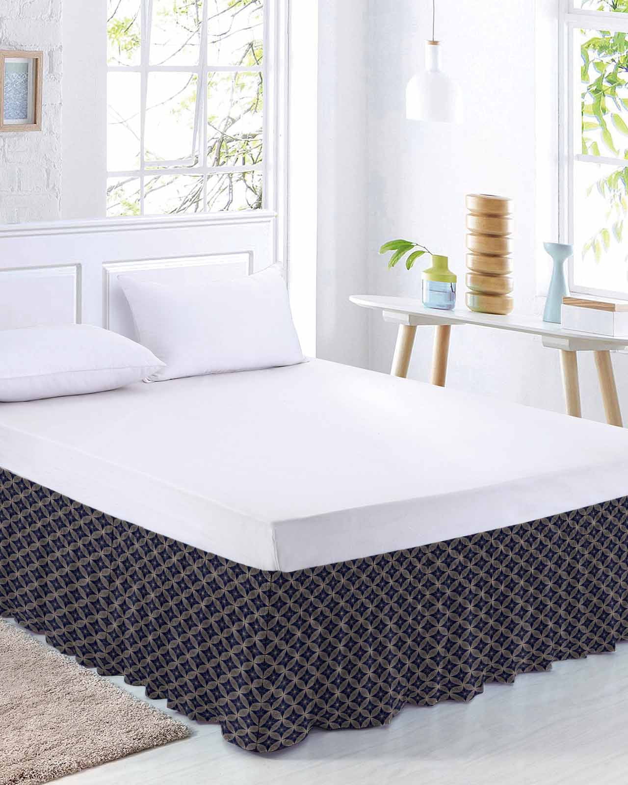 Navy Blue Geometric Bed Skirt Queen Size,Brown Modern Abstract Art Aesthetics Wrap Around Bed Skirting with Adjustable Elastic Strap,Dust Ruffle Pleated Bedskirts 16 Inch Drop for Bedroom Queen Beds
