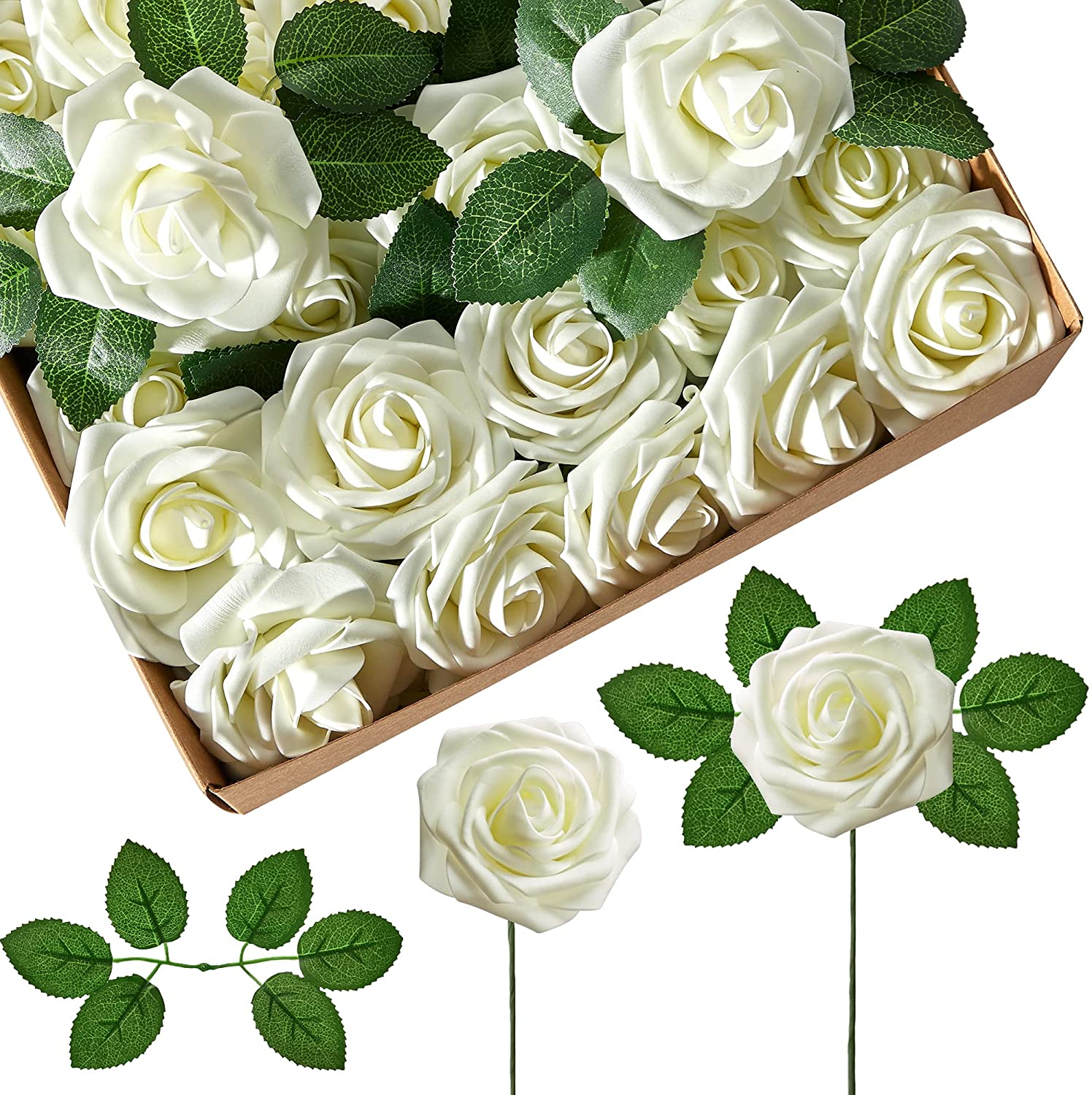 AIMTYD Artificial Flowers, 50 Pcs Faux Flowers Fake Flowers White Roses