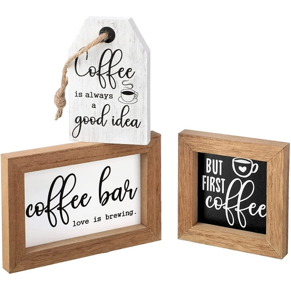 3 Pieces Mini Coffee Bar Sign Farmhouse Coffee Wooden Sign But First Coffee Wood Sign Love is Brewing Framed Sign Rustic Wood Coffee Table Sign Vintage Kitchen Coffee Wood Plaque for Tier Tray Decor