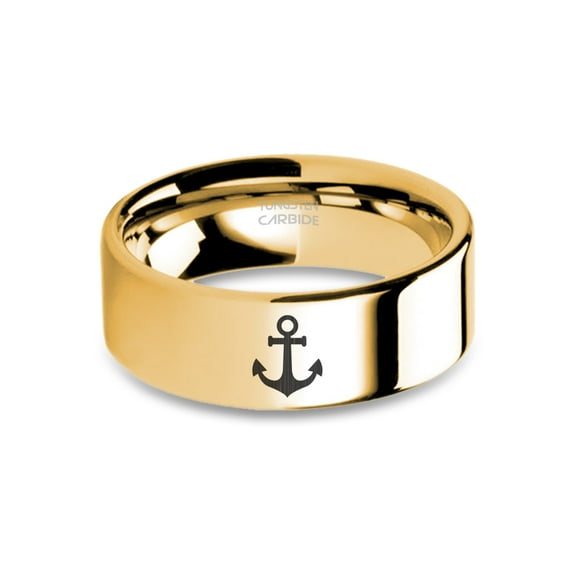 Nautical Anchor Laser Engraved Yellow Gold Polished Tungsten Ring, 8mm, Size 15