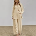 thumbnail image 3 of Qeaghou Women's Two Piece Outfits Long Sleeve Button Down Shirt With Pleated Pants 2 Piece Sets Summer Flowy Plus Size Cotton Linen Lounge Outfits, 3 of 7