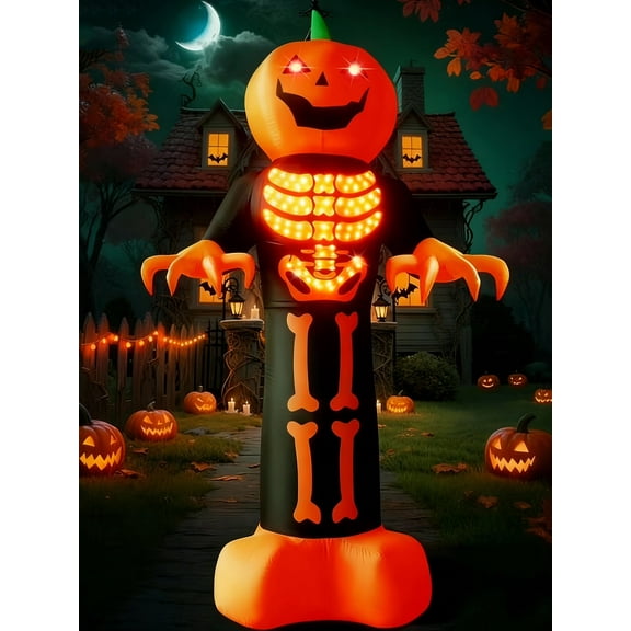 DAKIMOE 8FT Halloween Inflatable Blow Up Decorations, Giant Skeleton Pumpkin Man Outdoor Decoration, Built-in LEDs for Holiday Party/Garden/Lawn/Yard/Patio Décor