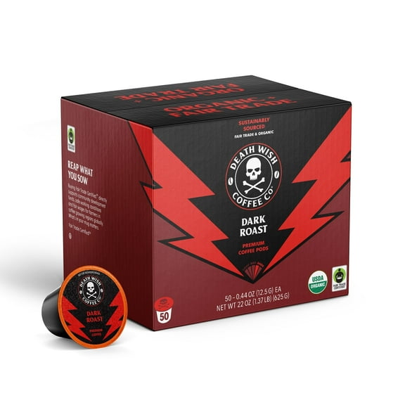Death Wish Coffee Dark Roast Single Serve Pods, USDA Organic and Fair Trade, Bold High-Caffeine Arabica Robusta, 50 Count
