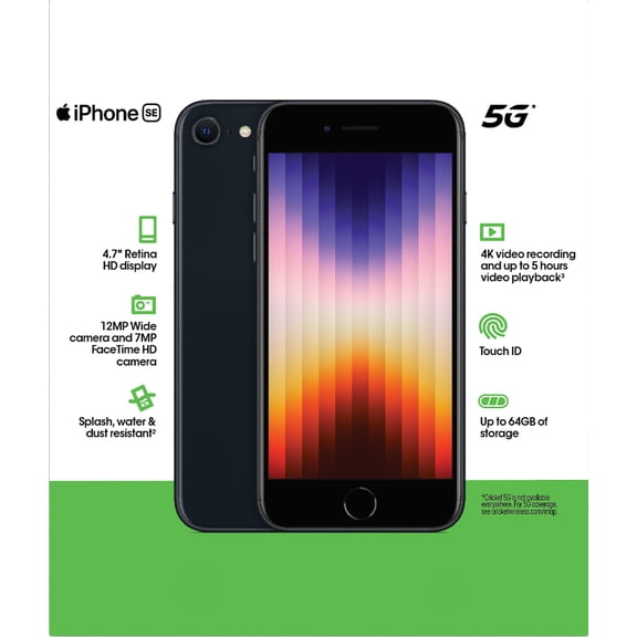 Open Box Cricket Wireless Apple iPhone SE 2022, 64GB, 4GB RAM, 7MP FF Camera, Midnight - Prepaid Smartphone