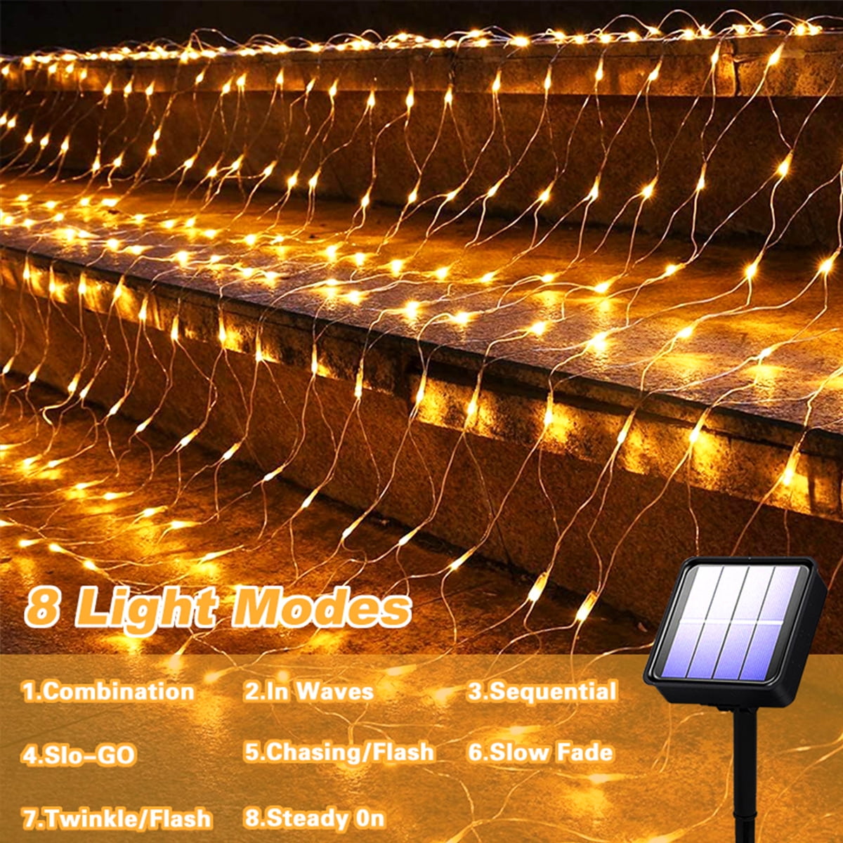 Solar Net Mesh Light 9.8ft x 6.6ft 192 LED, Waterproof Outdoor Net Light with 8 Modes for Bush, Christmas, Home, Garden Decorations(Warm White)