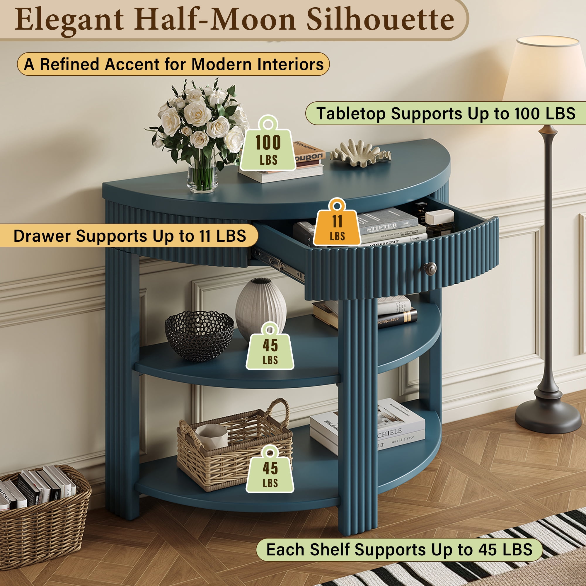 Euroco 3-Tier Half Moon Console Table with 1-Drawer, Fluted Entryway Table with Open Storage Shelves for Living Room, Hallway, Foyer,Navy