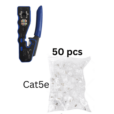 RJ45 Crimp Tool Pass Through Crimper for Cat7  Cat6 and Cat5 Ethernet All-in-One Crimp Tool with 50 Network Cat5e  Connector Plugs