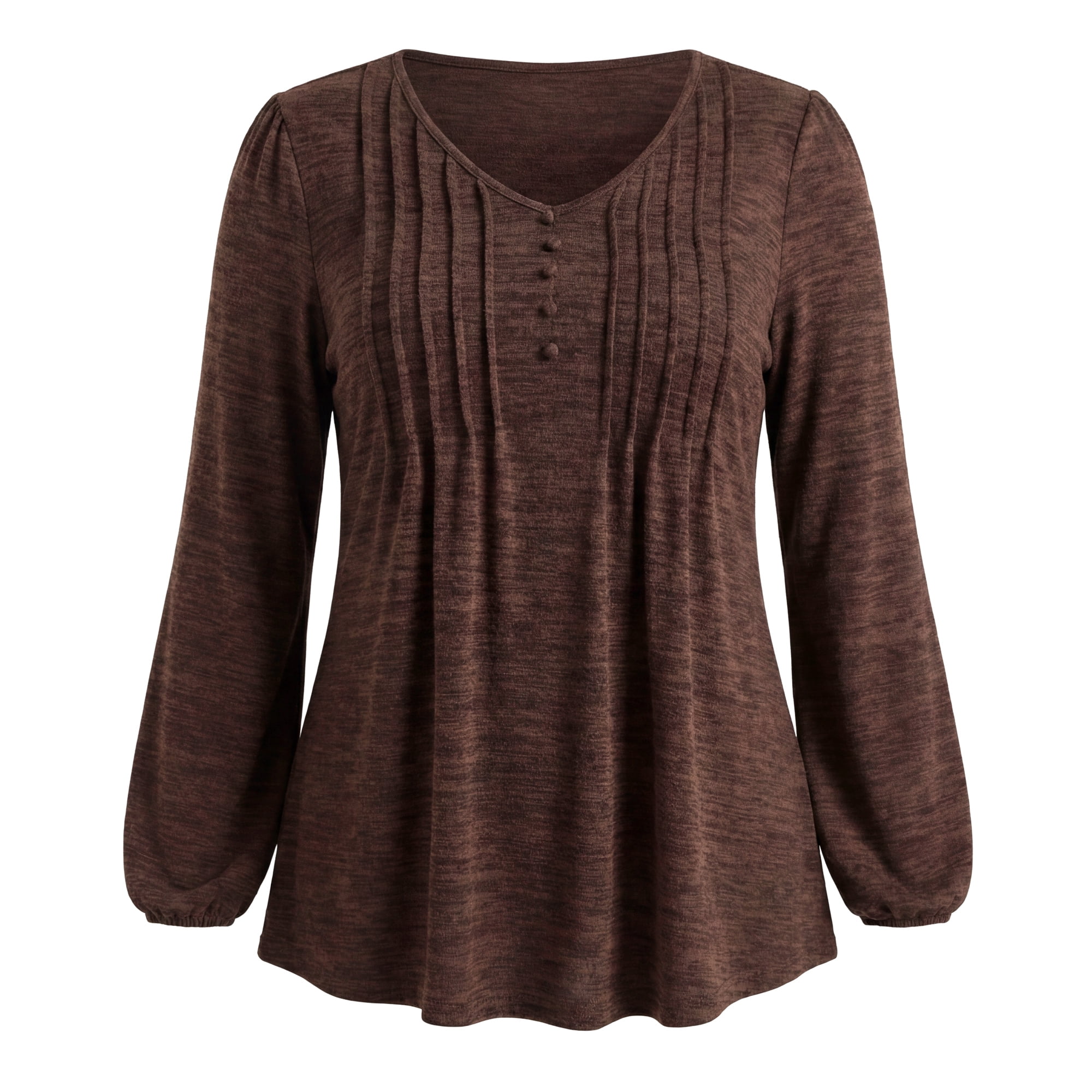 DARING DIVA Women's Plus Pleated Button Decor Lantern Tops 2X Dark Brown