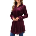 thumbnail image 4 of INSPIRE CHIC Women's Velvet Button Down T Shirts Swing Mini Dress Casual Long Sleeve Lapel Tunic Tops, 4 of 5