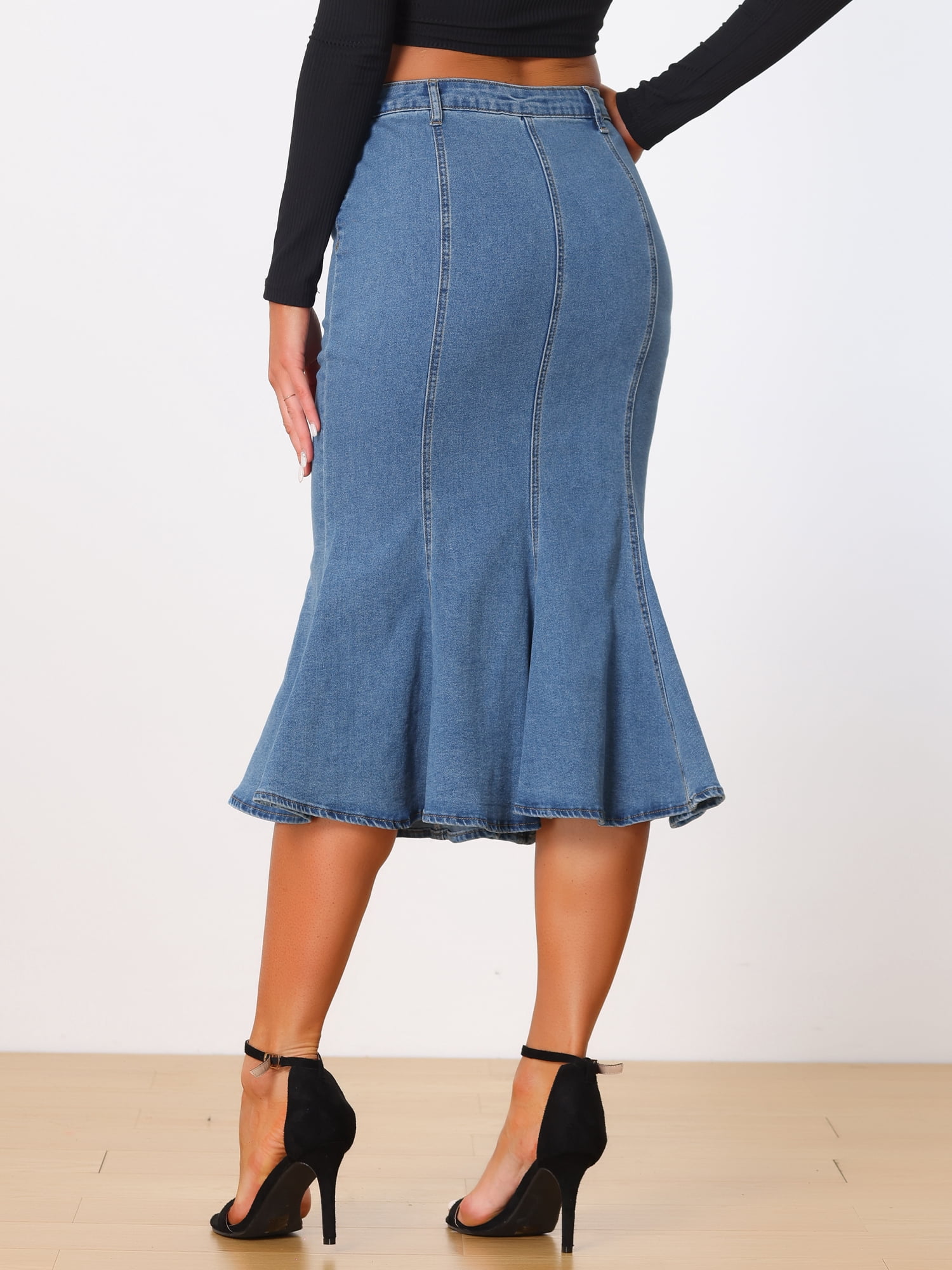 DARING DIVA Women's Soft Elegant Washed Fishtail Casual Midi Denim Skirt L Sky Blue