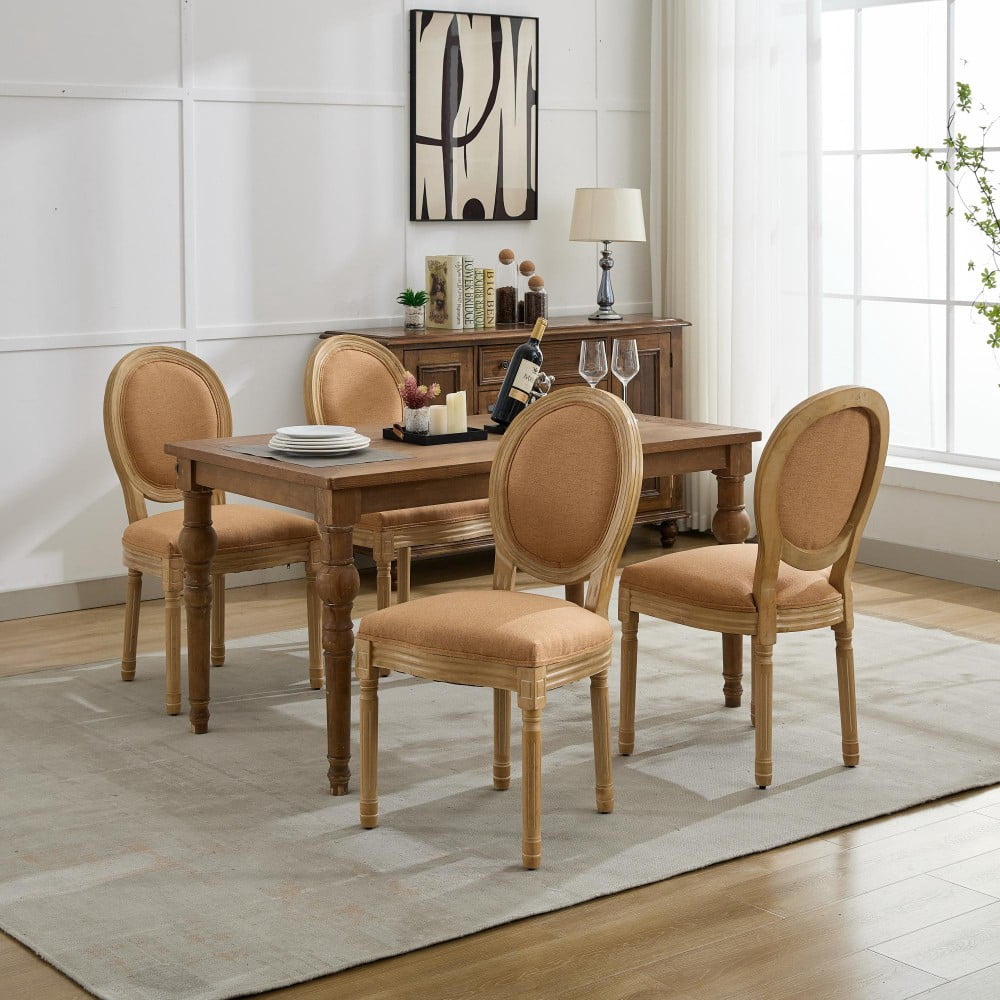 French Style Dining Chairs Set of 2, Solid Wood Upholstered Dining Room Chairs with Linen Fabric, Cushioned Backrest, Antique Finish, Tan