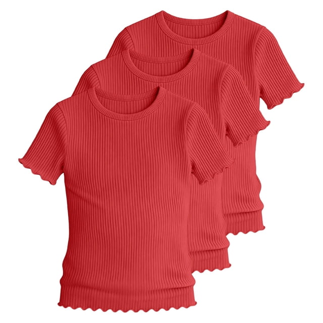 KyCheLot 3 Pack Ribbed Knit Tops for Girls Crew Neck Solid Color Short Sleeve T-Shirts Trendy Ruffle Trim T-Shirts