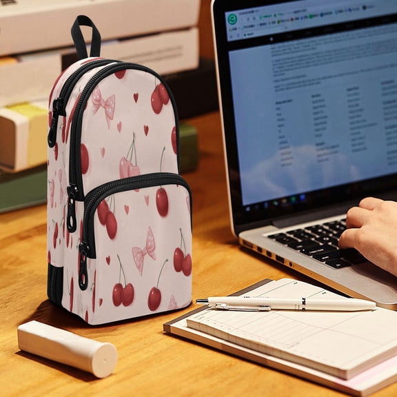Backpack Pencil Case, 3 Compartment Large Capacity Oxford Fabric Pencil Pouch / Coquette Cherry Bow Heart