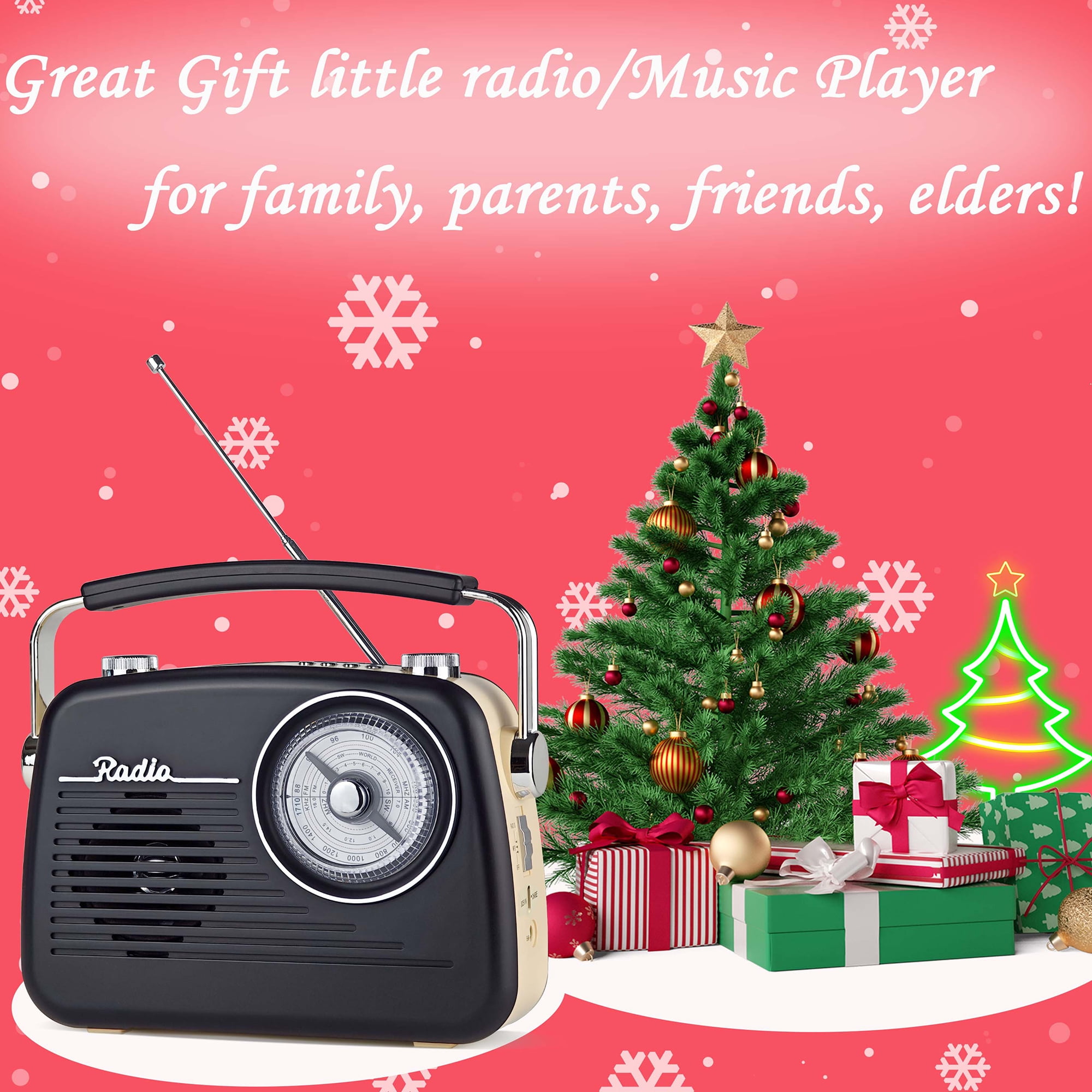 Portable AM FM Shortwave Vintage Radio Multifunctional Bluetooth Speaker 4 Power Options 5W Speaker TWS Stereo Plug-in Wall/Type-C Charging Emergency Radio for Home Outdoor Camping(Black)