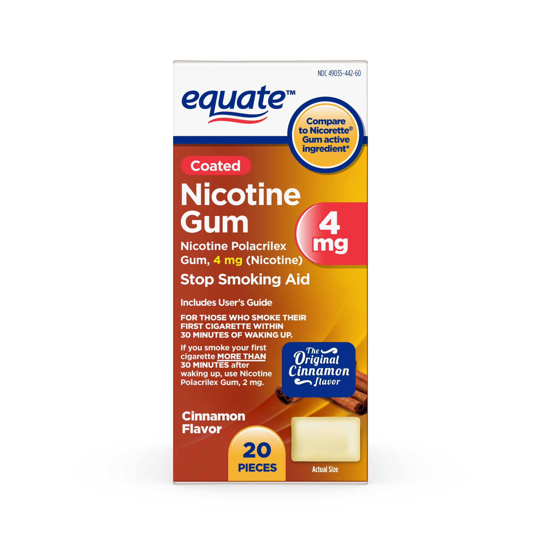 Equate Nicotine Coated Gum 4 mg, Stop Smoking Aid, Cinnamon Flavor, 20 Ct