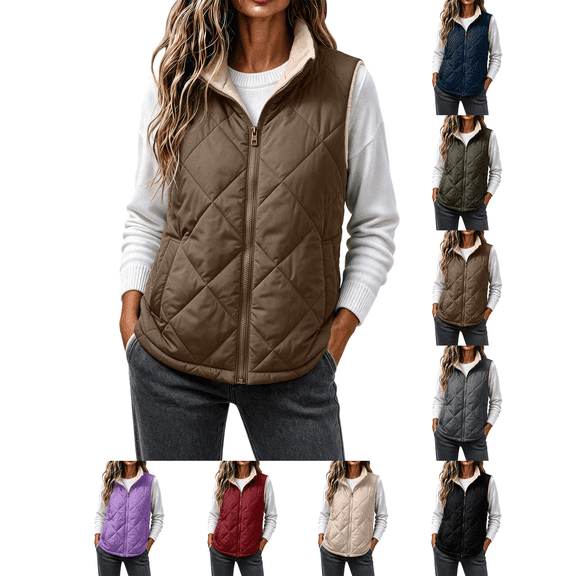 Liuinsasek Womens Fleece Lined Puffer Vest Fashion Casual Solid Stand Collar Sleeveless Full Zip Thick Warm Padded Gilet Oterwear with Pocket Fall Outfits for Women