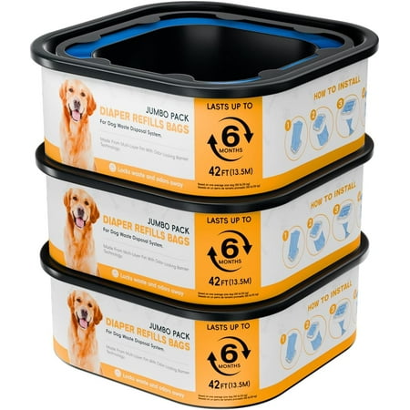42FT Jumbo Square Refills Disposal Bags Refill Compatible with Pe.t Dogs Gen.ie Dog Waste Disposal System Pails, Up to 6 months of Supply,Ultimate Odor Control Dog Poop Bags, 3 Pack