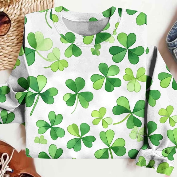 LEKWK St Patricks Day Shirt Green Glitter Heart Graphic Crew Neck Long Sleeve Sweatshirts Clover Shamrock Print Festival Pullover