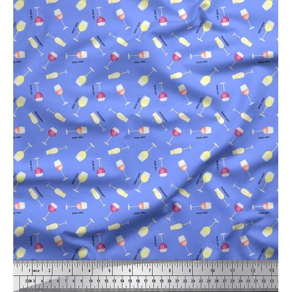 Soimoi Blue Cotton Voile Fabric Text & Wine Glass Bar Print Sewing Fabric Yard 58 Inch Wide