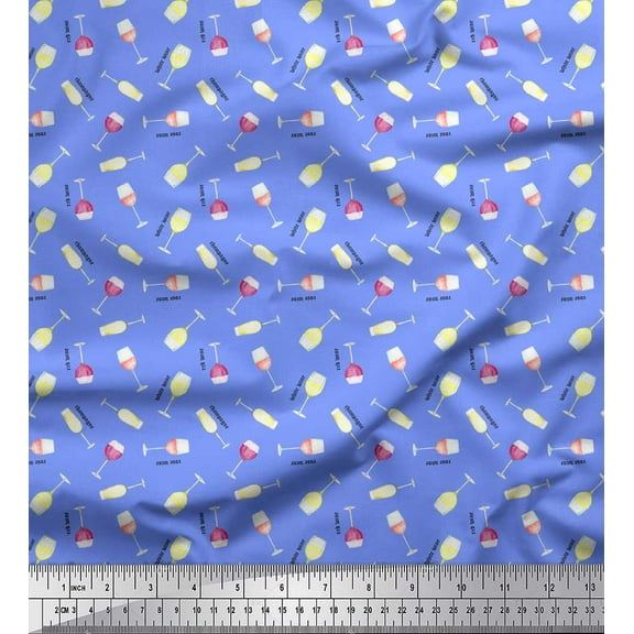 Soimoi Blue Cotton Duck Fabric Text & Wine Glass Bar Printed Fabric 1 Yard 44 Inch Wide