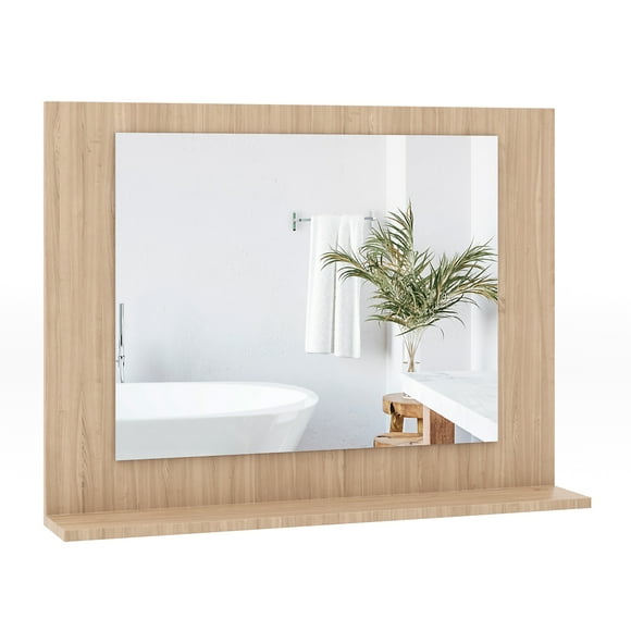 Gymax Bathroom Mirror w/ Shelf 23.5'' x 17.5'' Rectangle Wood Frame Vanity Mirror Natural