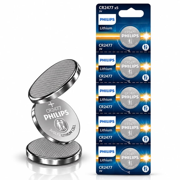 Philips CR2477 Lithium Coin Cell Batteries, 5 Pack, 3V for Sensors
