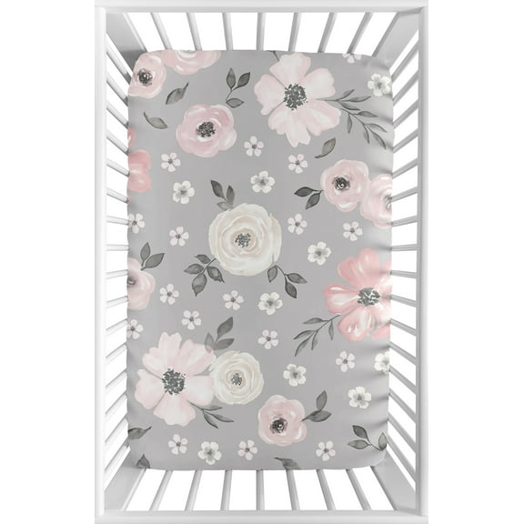 Watercolor Floral Grey Mini Fitted Crib Sheet by Sweet Jojo Designs