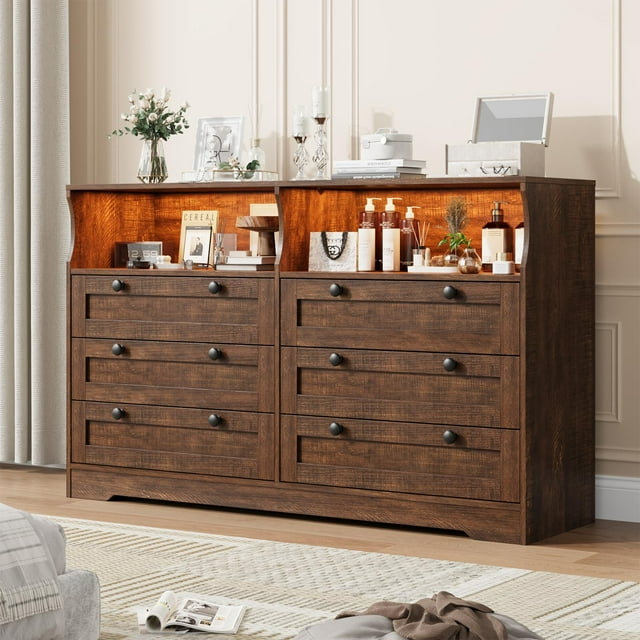 BeesClover 55 Inch Large Wooden Dresser with 6 Drawers & LED Lights - Multi-Functional TV Stand for Bedroom, Power Outlet, Wide Storage Cabinet
