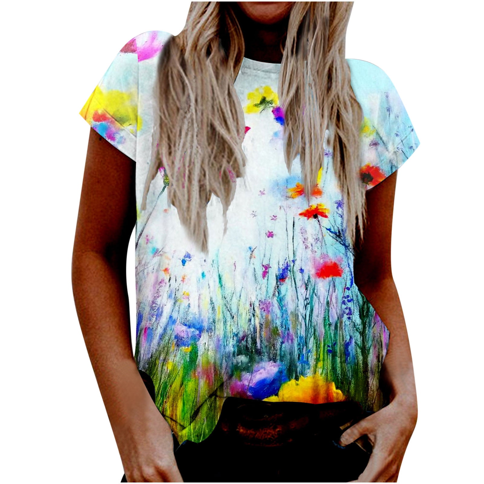Olyvenn Reduced Womens Tunic T Shirts Fashion Ladies Blouse Tops Short  Sleeve Loose Fit Casual Digital Oil Painting Floral Print Crew Neck Summer