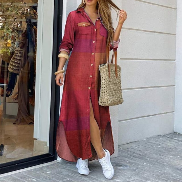 Tralilbee Robe Chemise Longue pour Femmes à Col Rabattu Été Élégante à Boutons Robe de Soirée Décontractée Printemps à Manches Longues Robe Maxi de Plage