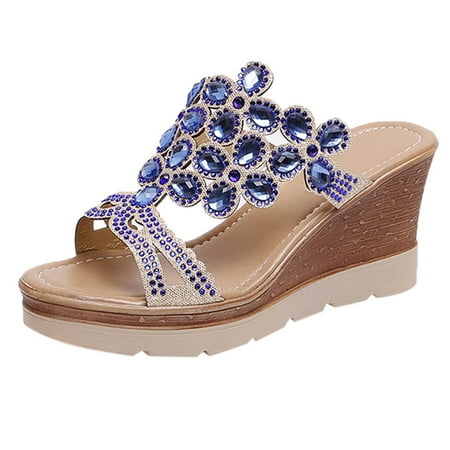 

Slippers For Women Indoor House Shoes For Women Women Ladies Crystal Wedges Thick Peep Toe Sandals Slippers Shoes Blue