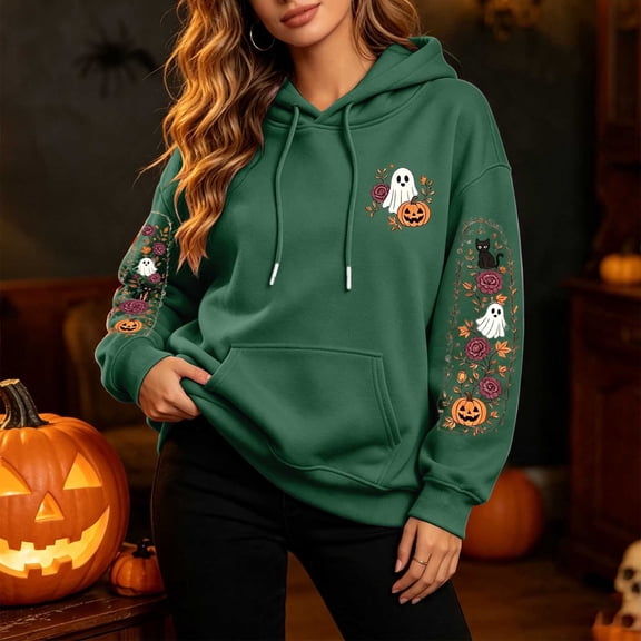Hoodies for Women Goth Halloween Ghost Pumpkin Floral Graphic Pullover Hooded Sweatshirt Streetwear Holiday Top Fall Winter Oversized Sweatshirts with Kangaroo Pocket Army Green L
