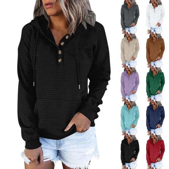 YOIAVAIOY Women's Solid Waffle Hoodies Button Collar Drawstring Hoodie Fall Winter Textured Hooded Sweatshirt Y2k Pullover Tops with Kangaroo Pocket Dark Gray M