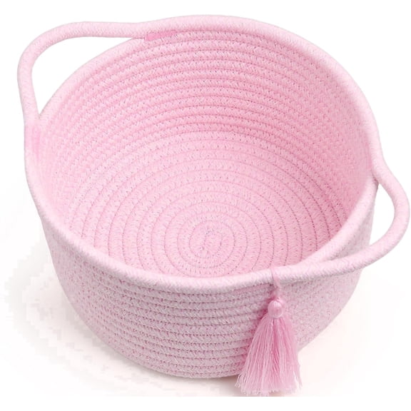 SweetMemo Small Pink Cotton Rope Gift Basket to Fill with Bag and Ribbon, Round Organizer Basket with Handles, 8 x 4.7 in, 1 Pack
