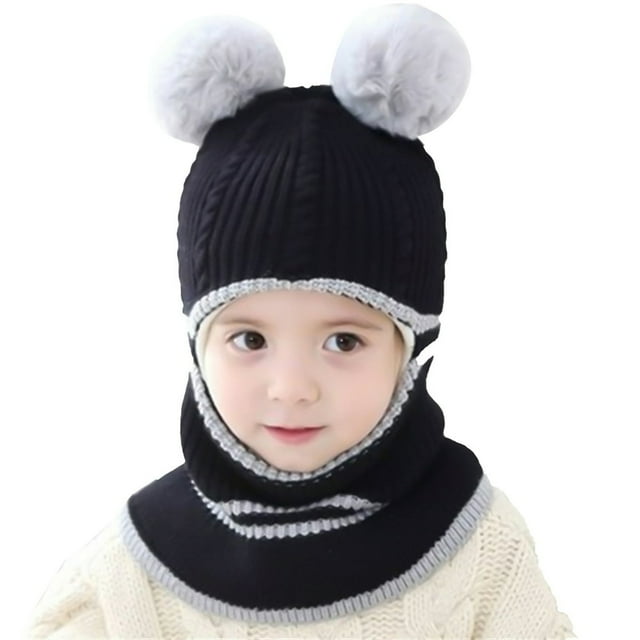 Automne Hiver Bébé Garçons Filles Épais Chaud Double Pompon Tricoté Écharpe Bonnet