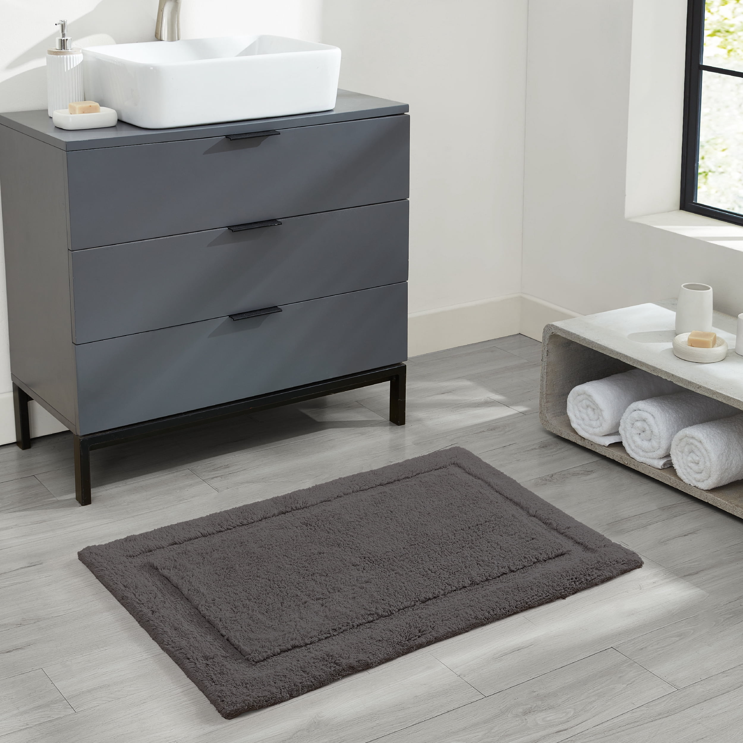 Jean Pierre New York Lydia Border 100% Cotton Bath Mat - Non-Slip Bath Rug - Charcoal Gray - 27"x45"