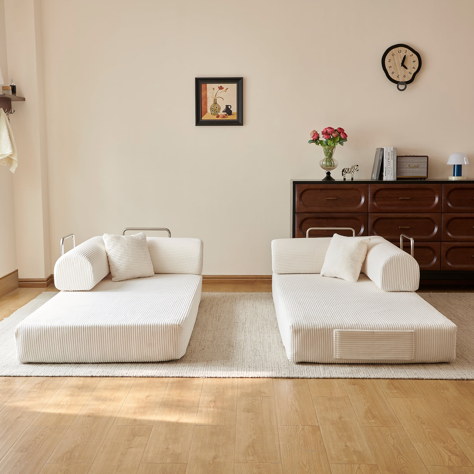 Howcool 79" Boneless Sleeper Sofa Bed, 2-in-1 Pull Out Convertible Loveseat Couch with 2 Throw Pillows, Corduroy Futon Floor Sofa for Living Room, No Assembly Required, White