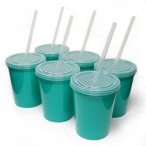 Rolling Sands 16oz Reusable Plastic Cups with Lids, 6 Pack, USA Made; BPA Free Teal Tumblers